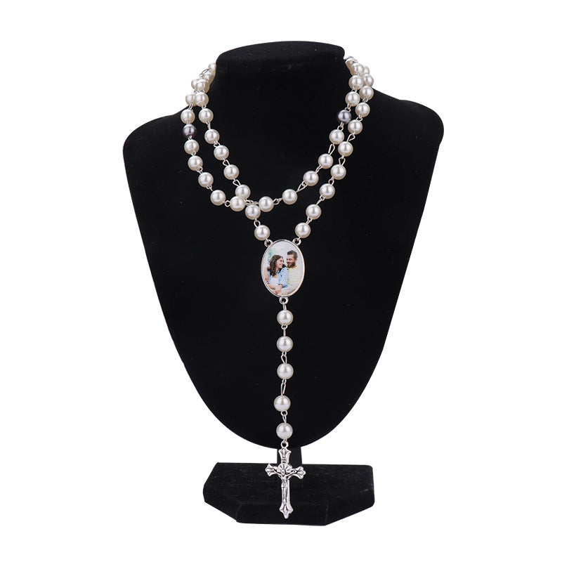 Wholesale  Easter Blank  Sublimation Rosary Pendant  Necklace Cross Bracelet  Jewelry Set