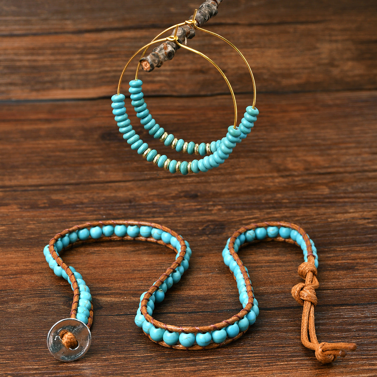 Wholesale Retro ethnic style turquoise beaded new Chinese necklace bracelet earrings set