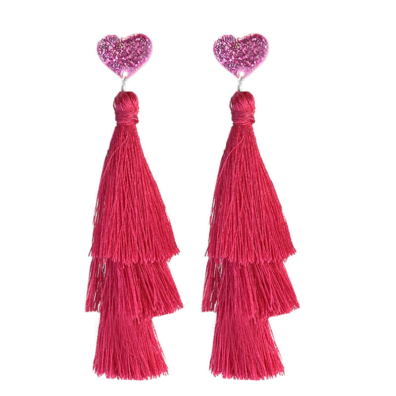 Wholesale   2pairs/pack Valentine' s Day Pink Multi-Layer Shiny Love Tassel  Earrings