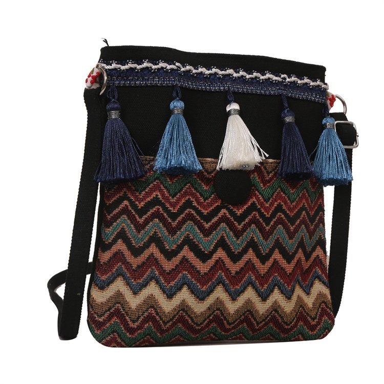 Wholesale Ethnic Style Bohemian Embroidered Tassel Canvas Cross-body Bag