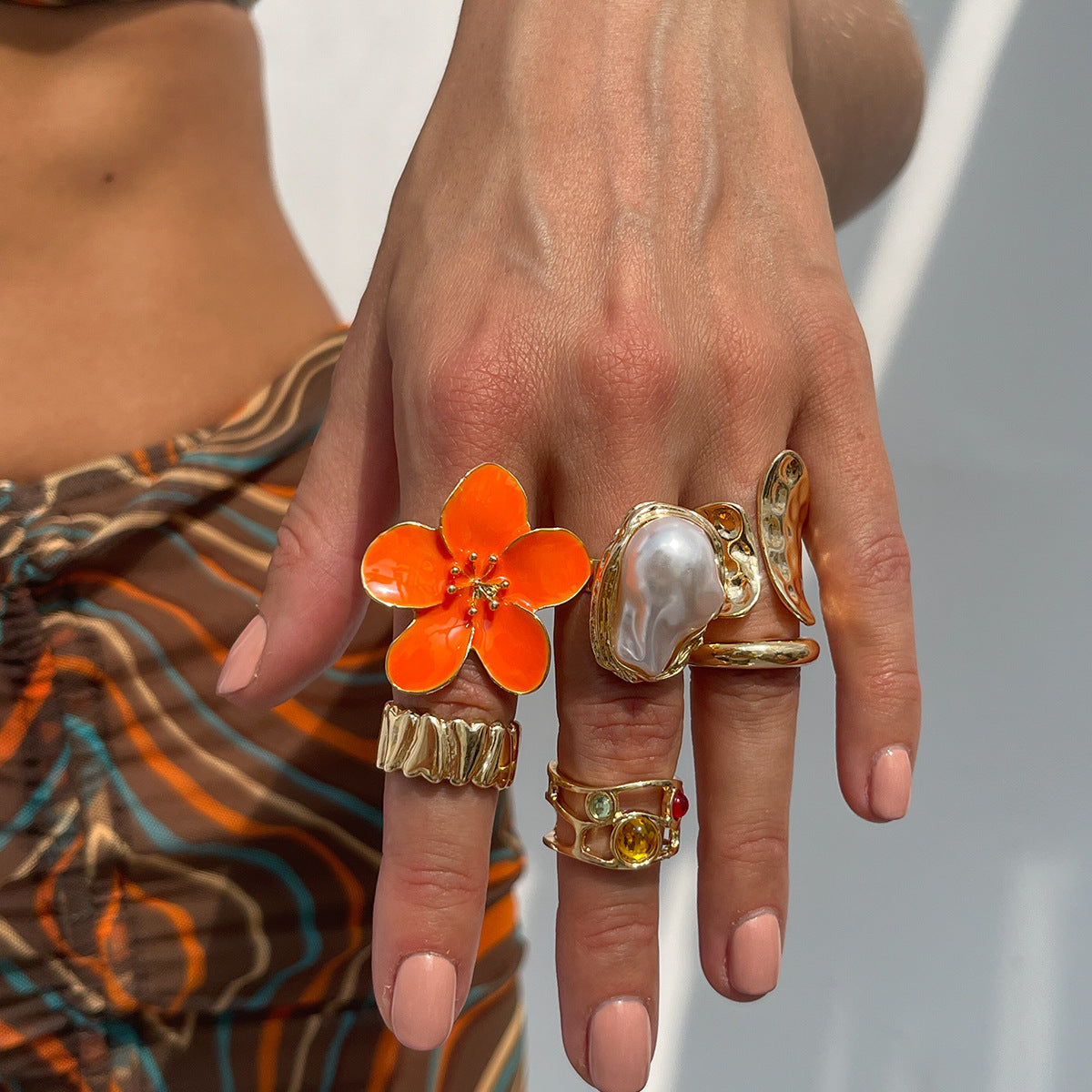 Wholesale  Design Liquid Lava Flower Open Ring Baroque  Pearl Inlaid Gemstone Ring