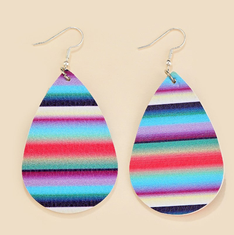 Wholesale Rainbow Color Double Sided Leather Alloy Cactus Droplet Leather Earrings