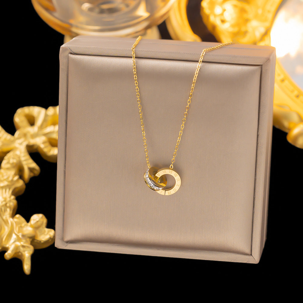 Wholesale Plated Titanium Steel Roman Numeral Double Ring Sparkling Collarbone Necklace 3 Piece Set Women S Everyday Wear