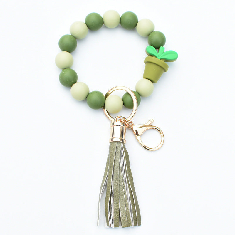 Wholesale Potted Silicone Beaded Leather Tassel Wrist Keychain