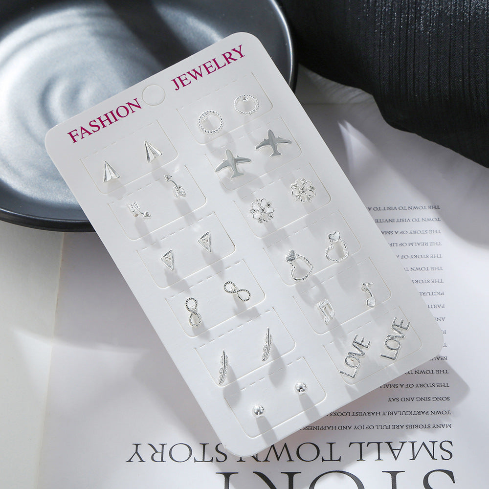 Wholesale 12 Pair Set Large Diamond Small Diamond Pearl Metal Earrings Set
