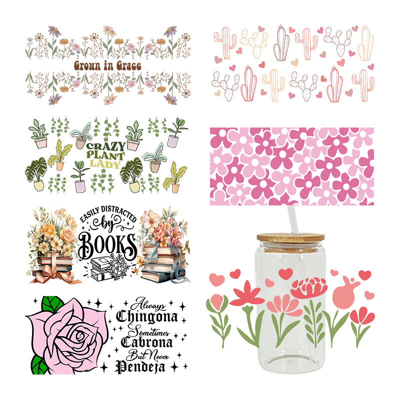 Wholesale Cartoon Cute Plants and Books Theme 16oz Cup UV DTF Wraps