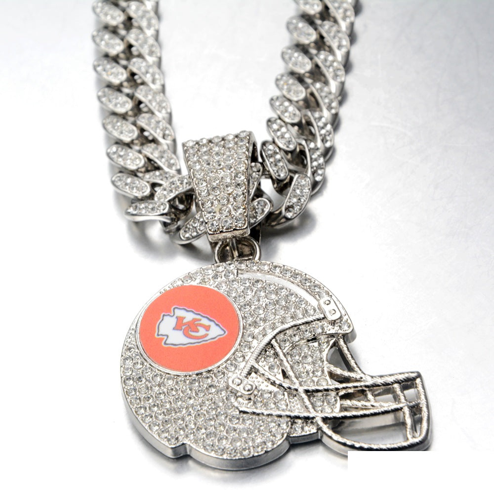 Wholesale Stylish Football Helmet Pendant Necklace Rhinestone Cuban Chain In Gold Zinc Alloy Fashion Jewelry Gift