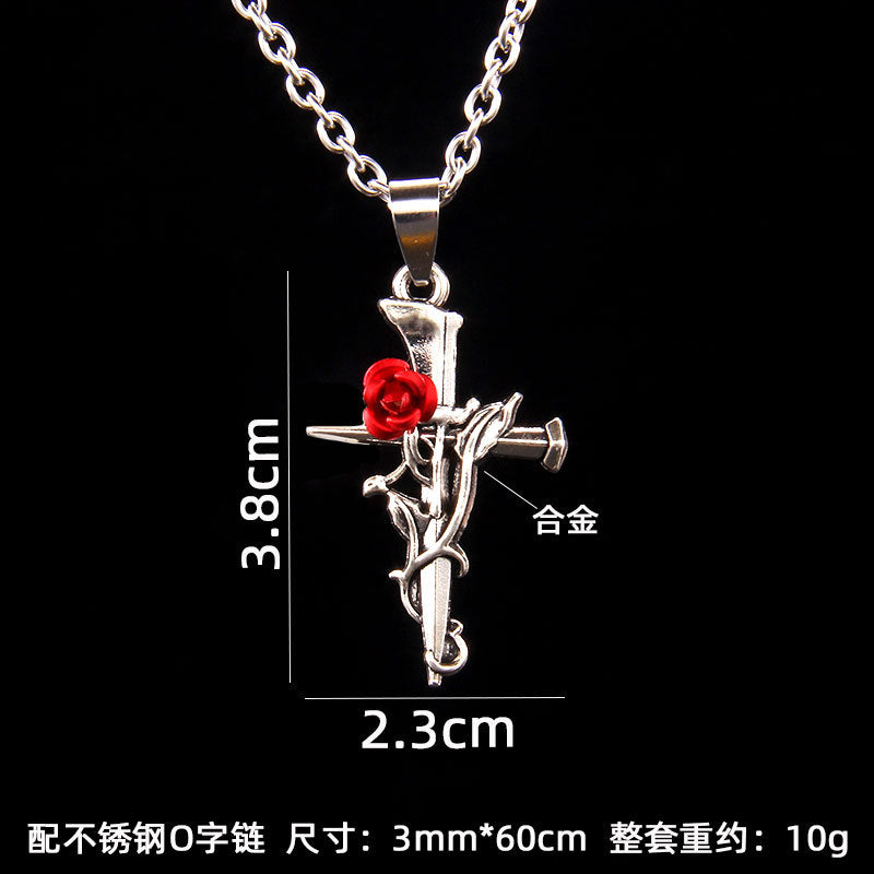 Wholesale gothic red rose cross vintage stainless steel necklace