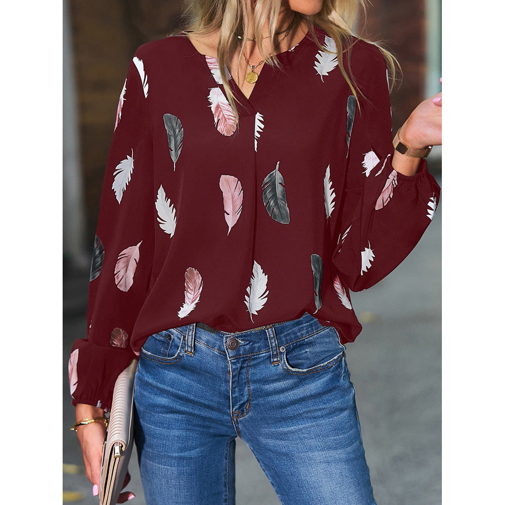 Wholesale Autumn and Winter Women's V-neck Feather Printing Long Sleeve Loose T-shirt