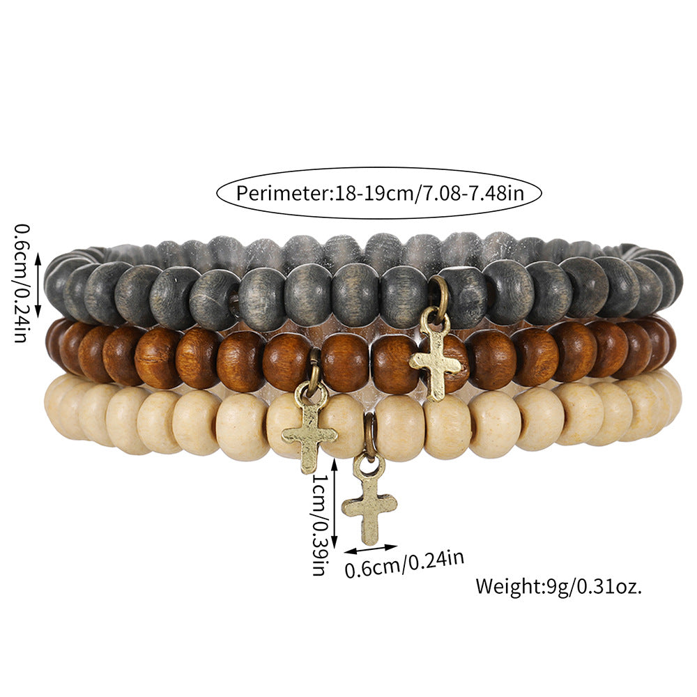 Wholesale Retro Style Wooden Beads Stacked with Bracelet Men's Beaded Cross Pendant Bracelet