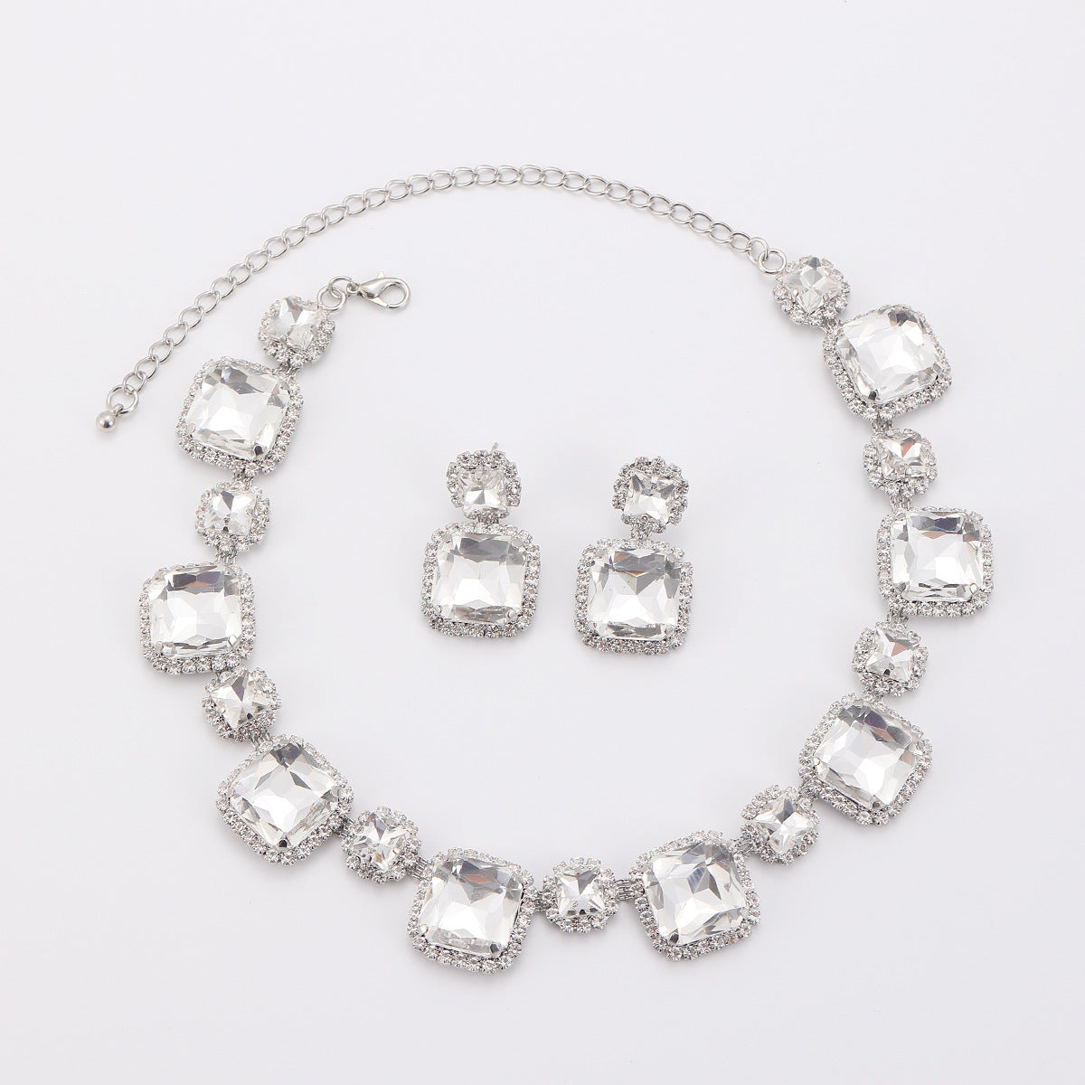 Wholesale Square rhinestone green red white earring necklace set