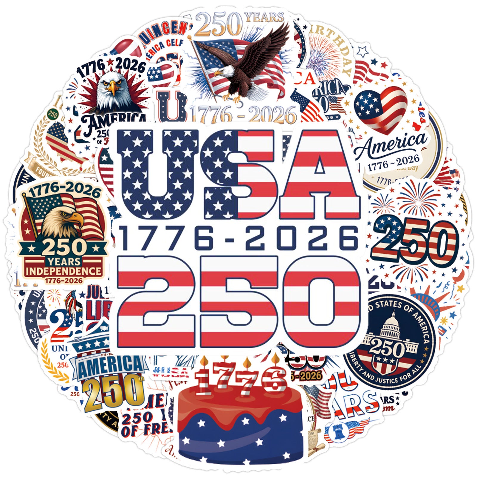 Wholesale 55 Cute U.S. Independence Day 250th Anniversary Waterproof Vinyl Stickers