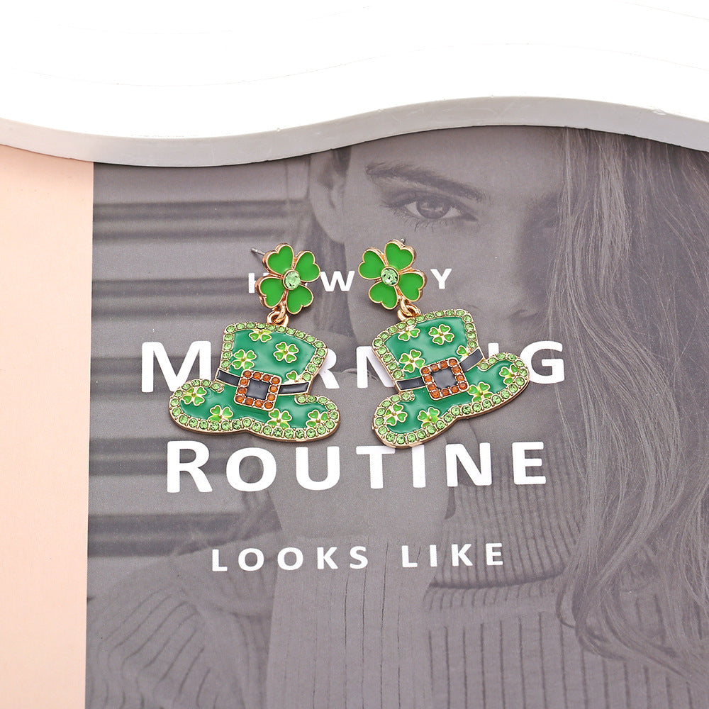 Wholesale St. Patrick's Clover Hat Alloy Oil Drop Diamond Earrings