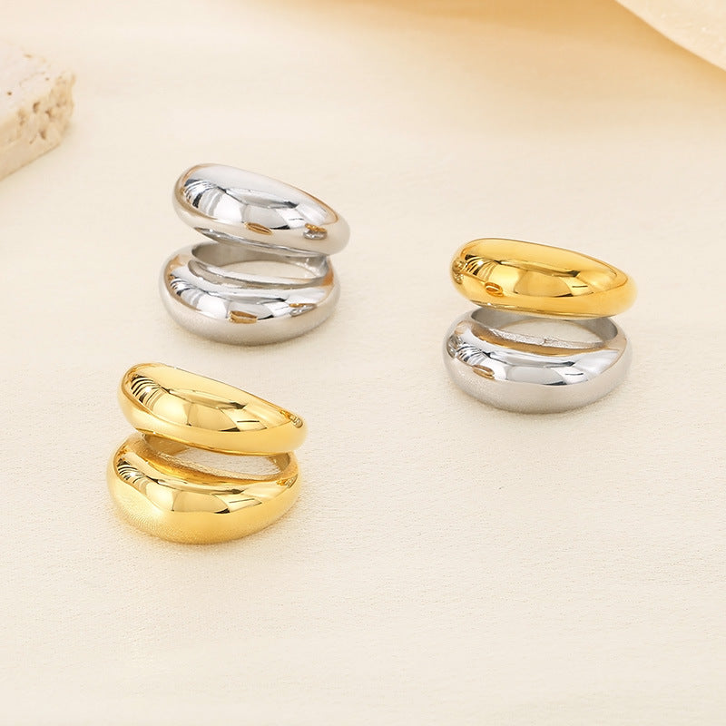 Wholesale Fashion Exaggerated Gold Arc Top Mirror Polished Electroplated 18k Real Gold Titanium Steel Double Row Rings