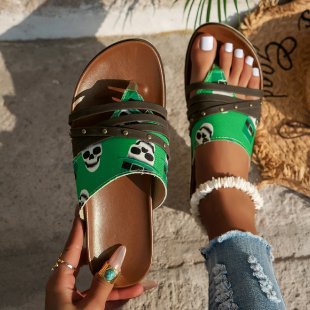 Wholesale large size women's spring and summer clip toe printed flat beach sandals Roman shoes