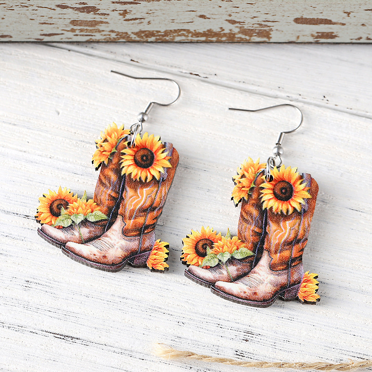 Wholesale Western style sunflower cowboy boots wooden double-sided earrings