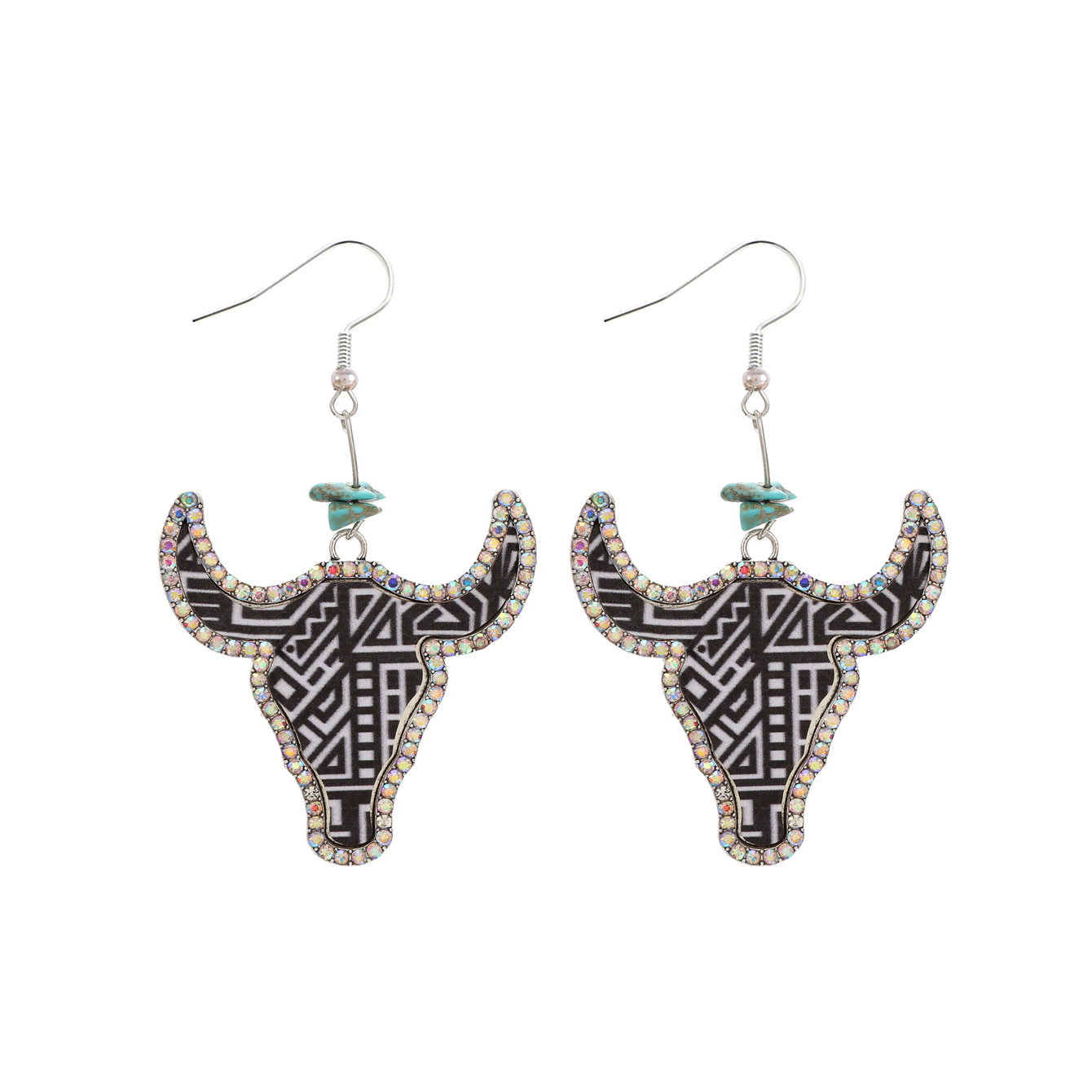 Wholesale Western Cowboy Style Bull Head Color Leather Diamond Retro Earrings