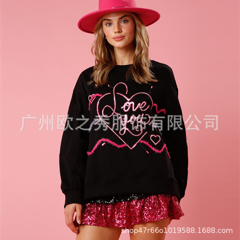 Wholesale Valentine's Day Love Heart Sequined Casual Loose Long Sleeve Sweatshirt