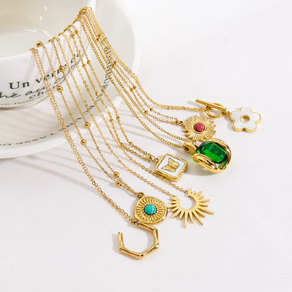 Wholesale Stainless Steel Rhodochrosite Tianhe Stone White Shell Green Diamond Inlaid Necklaces