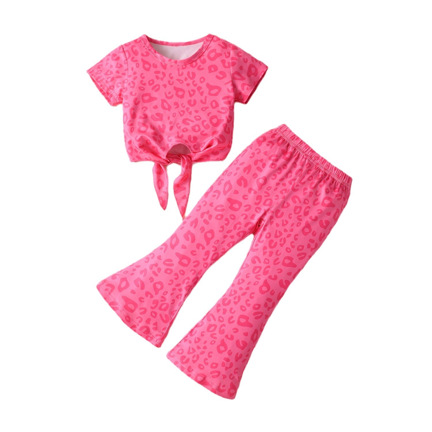 Wholesale Cotton Valentine's Day Kids Set Leopard Print Flare Pants Two Piece Set