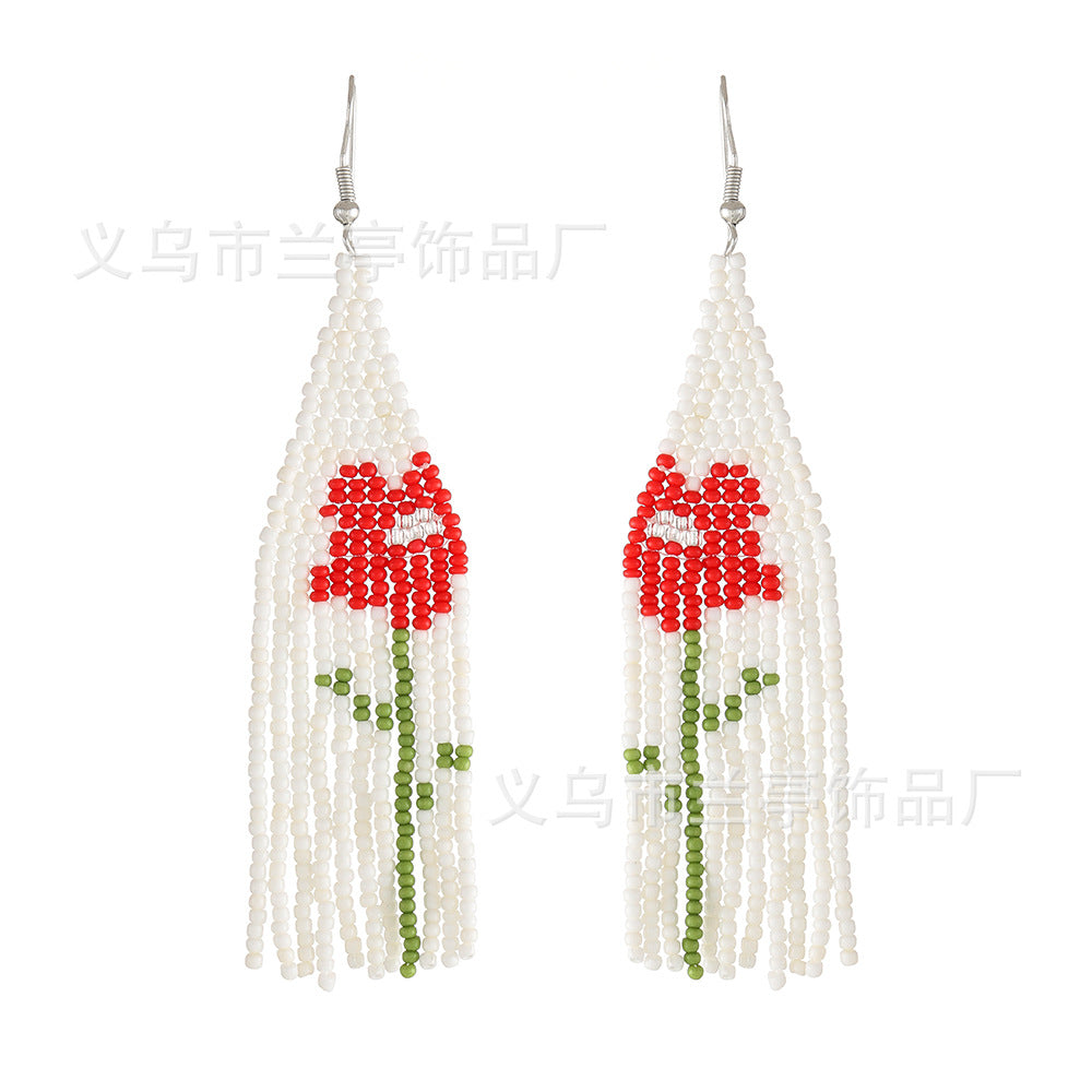 Wholesale Boho Flower Rice Beads Tassel Hand Braided Earrings
