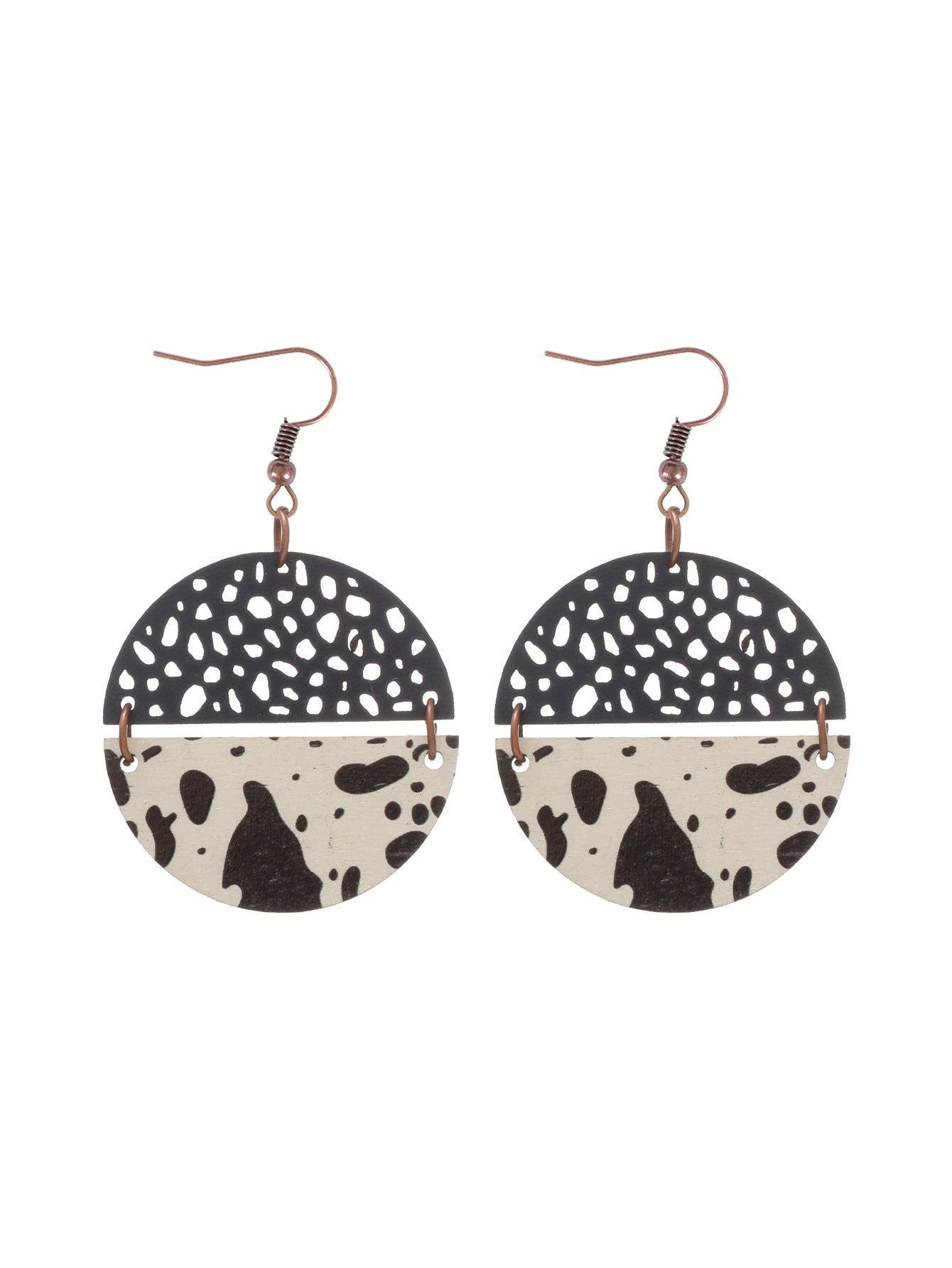 Wholesale Western Style Cow Print Leopard Print Wood Chip Leather Combination Round Earrings