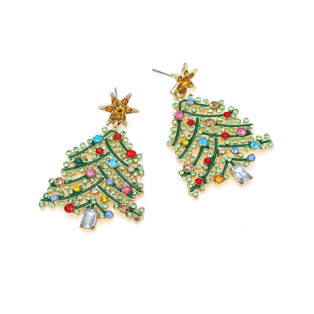 Wholesale Creative Hollowed Out Diamond Christmas Tree Colored Diamond Earrings