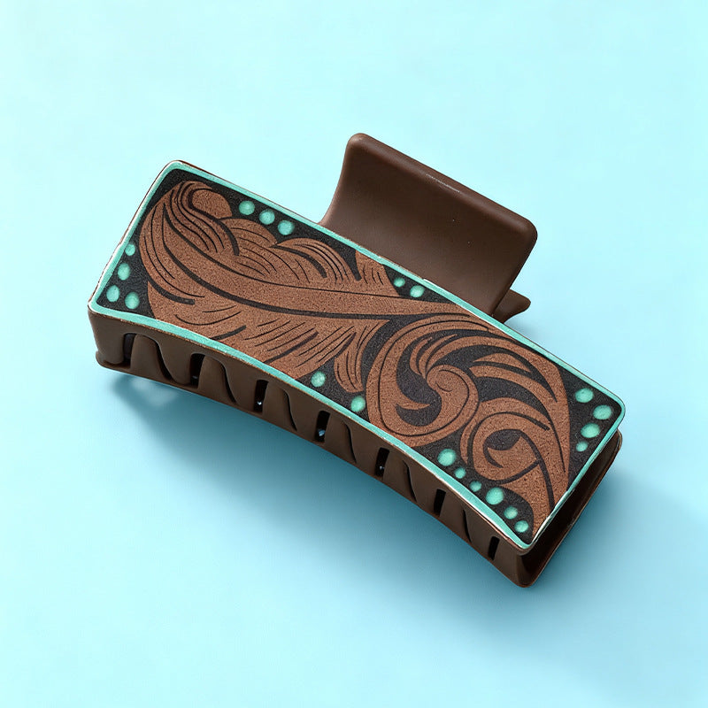 Wholesale Western Style Large Leather Hairpin Antique Carved Design Retro Hair Accessories Women' s Headwear Source Factory
