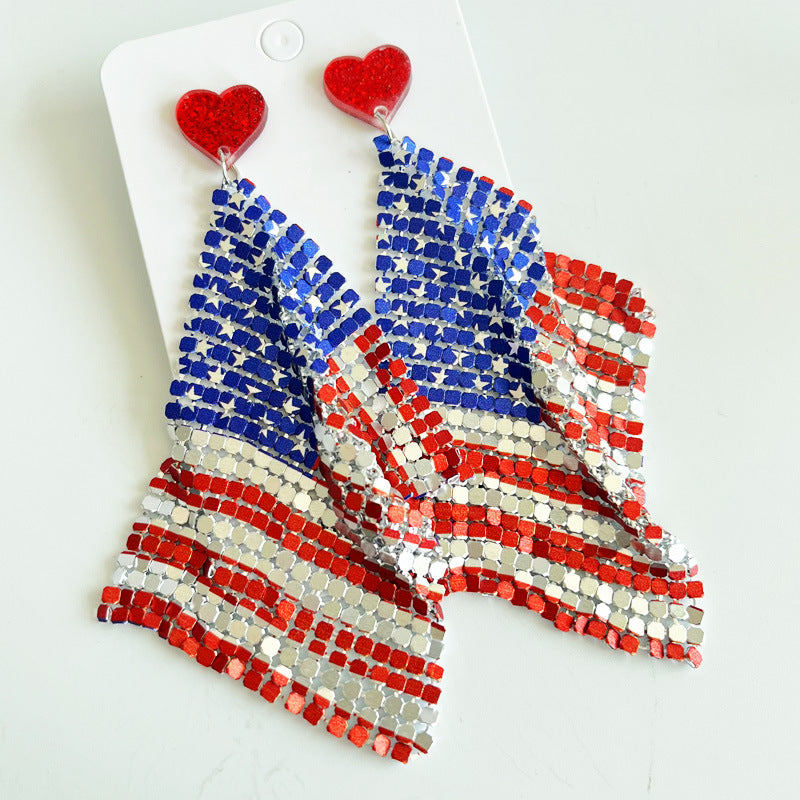 Wholesale 2pairs/pack Independence Day Flag Parade Feather Shiny Leather Mesh Earrings