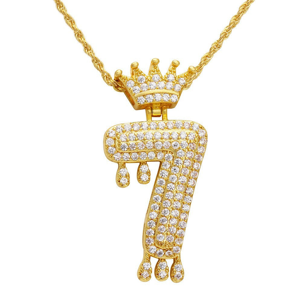 Wholesale Lucky Number Zircon Full Diamond Crown Pendant Necklace