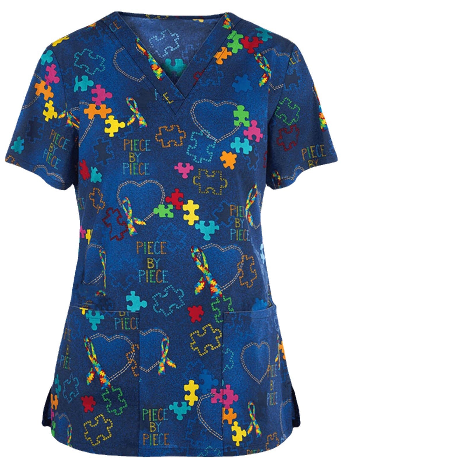 Wholesale Women's V-neck Cartoon Printed Pockets Polyester Work Clothes