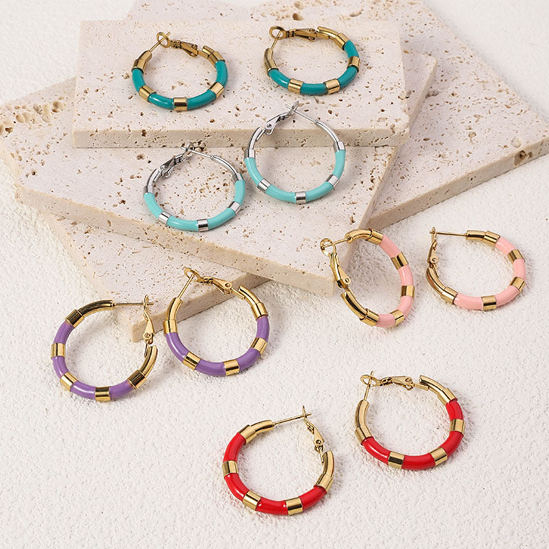 Wholesale Enamel Large Earrings Fashion Bamboo Stainless Steel Drip Oil Geometric Round 18K Real Gold Earrings