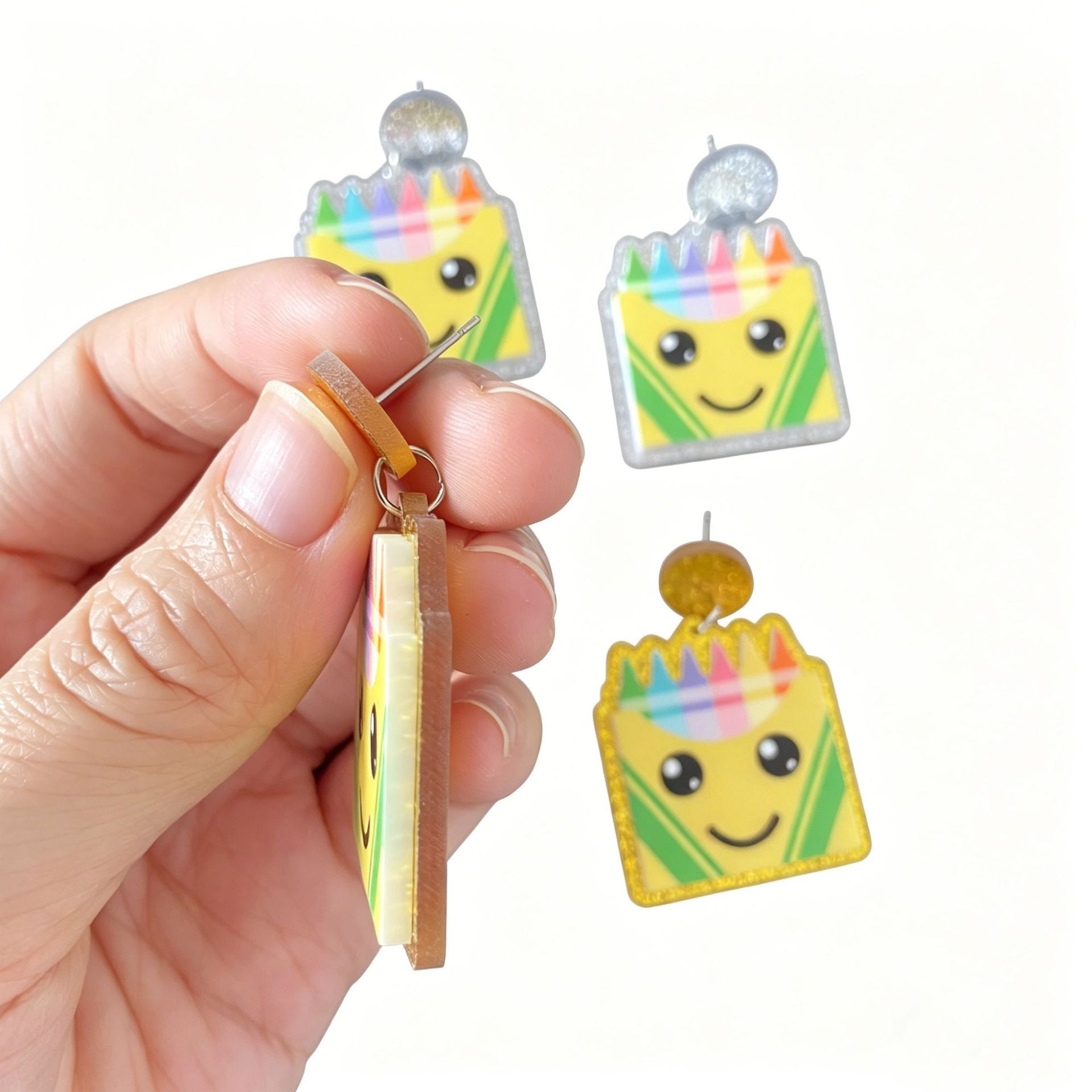 Wholesale Gold Tone Acrylic Crayon Box Earrings School Theme Cute Fashion Accessory For Women Gift