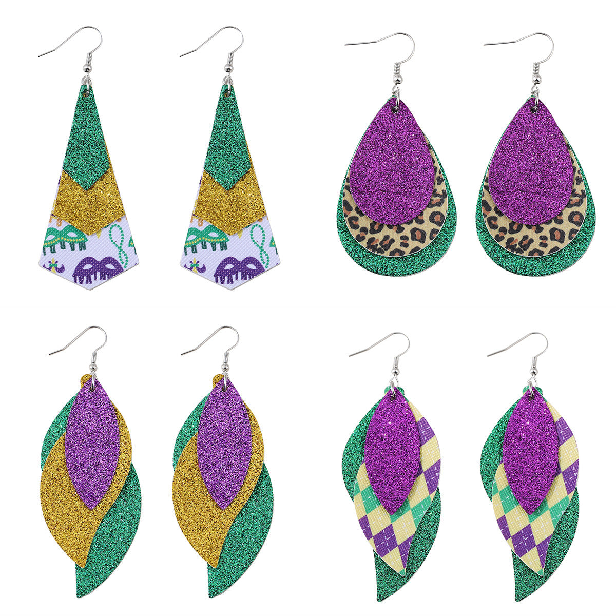 Wholesale new carnival green yellow purple sequins glitter 3 layer PU leather pendant earrings fashion carnival earrings