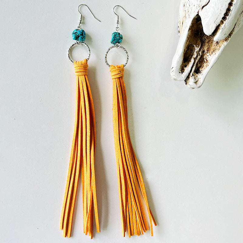 Wholesale Exaggerated Leather Tassel Turquoise Multi-color Earrings 2 in A Pack