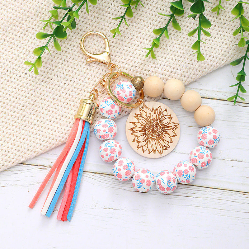 Wholesale Summer Holiday Style Fresh Colorful Wooden Beads Tassel Wood Wrist Keychain