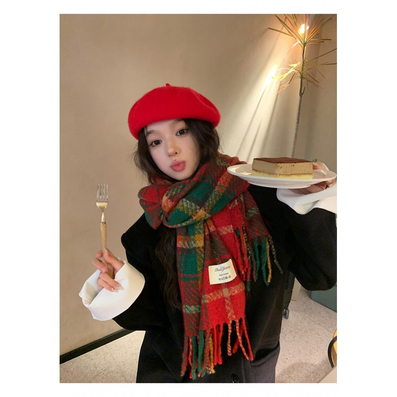 Wholesale Christmas Winter Red Tassel Plaid Imitation Cashmere Scarf