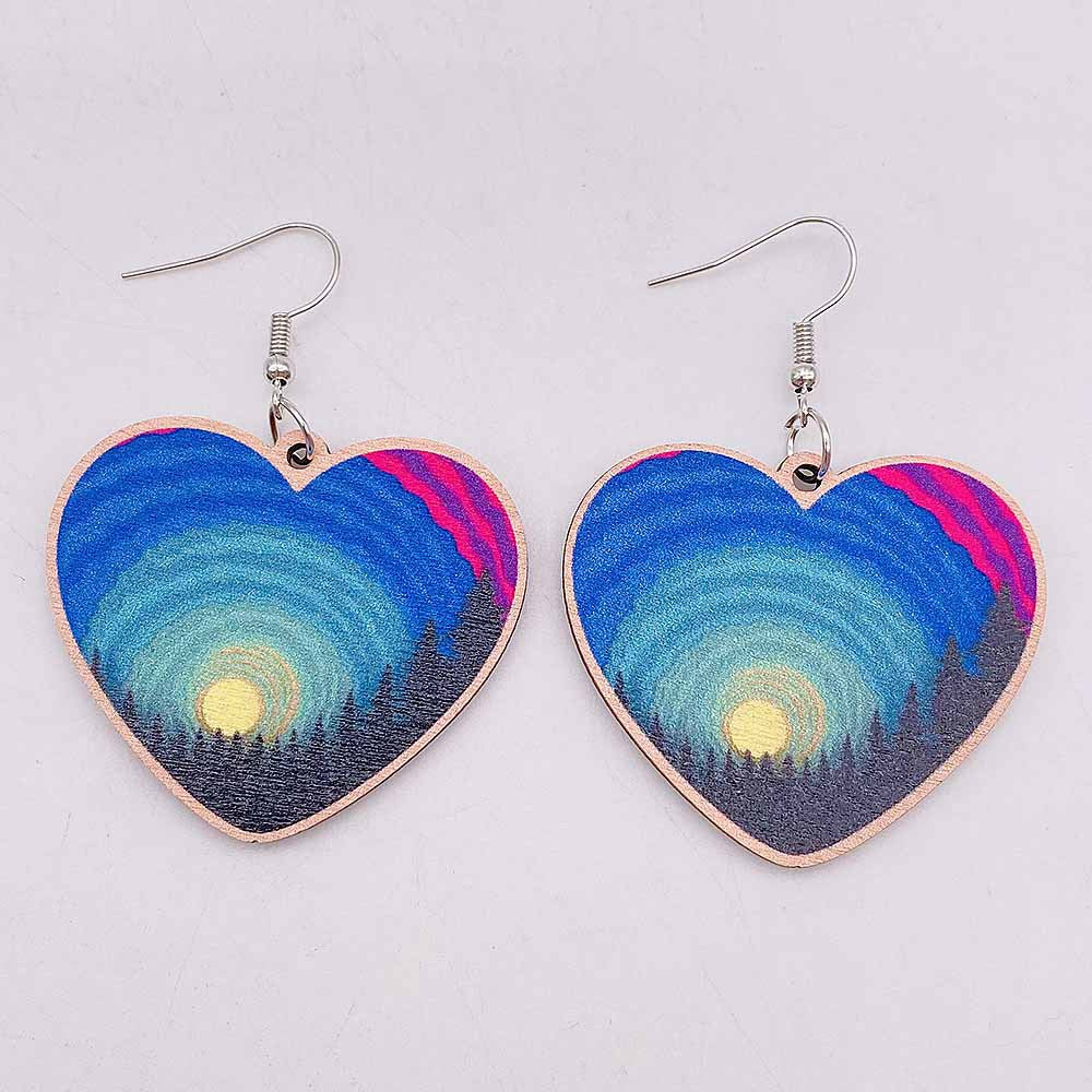 Wholesale Geometric Heart Western Scene Aurora Wooden Earrings