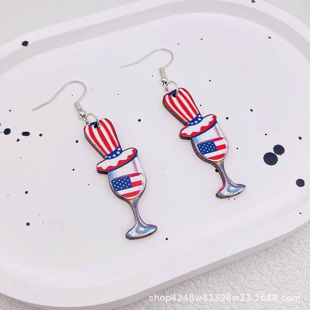 Wholesale Independence Day Five-pointed Star Ice Cream Print Wooden Earrings