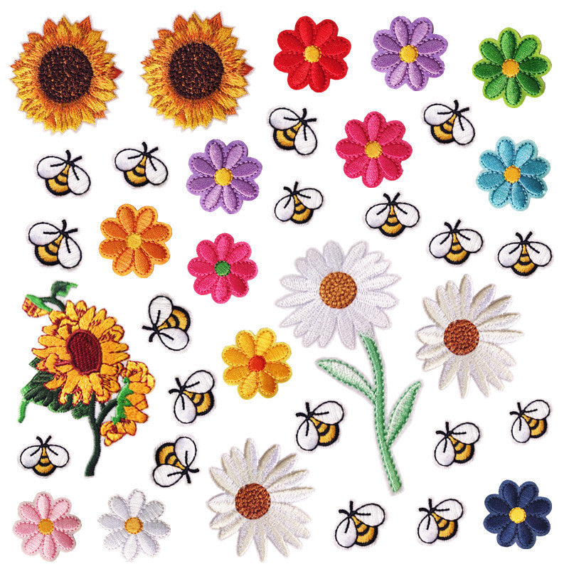 Wholesale Polyester Embroidered Flower Patches Cartoon Bee Sunflower DIY Clothing Decor Resale Accessory