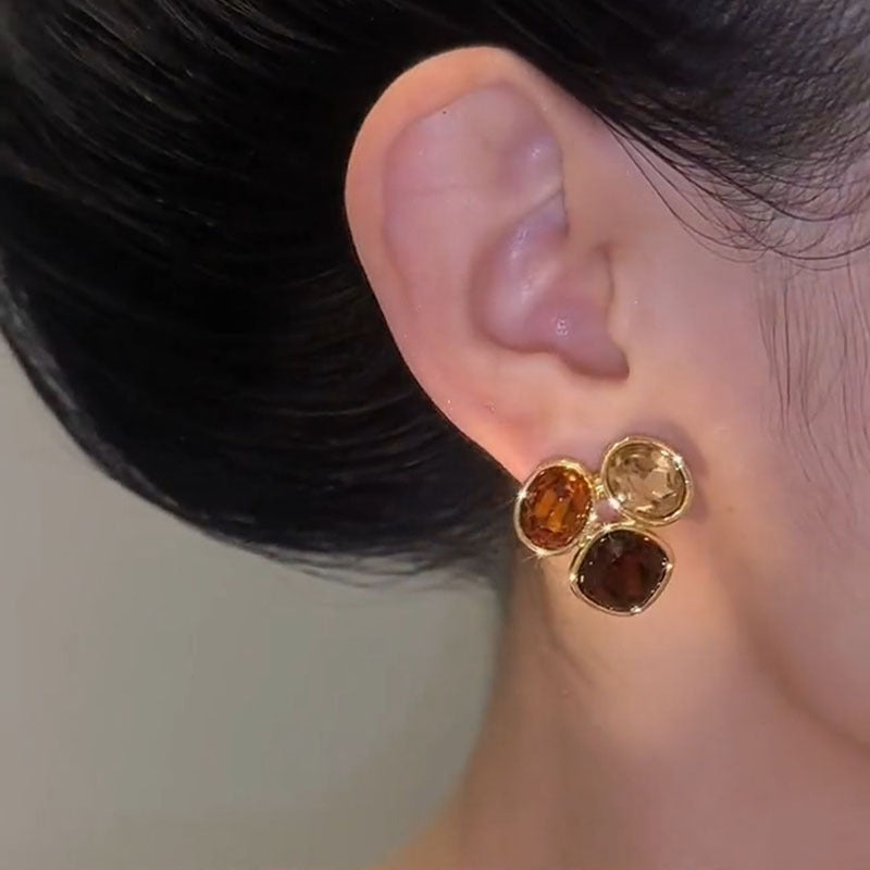 Wholesale 925 Silver Needle Maillard Style Simple Geometric Coffee Color Rhinestone Stud Earrings