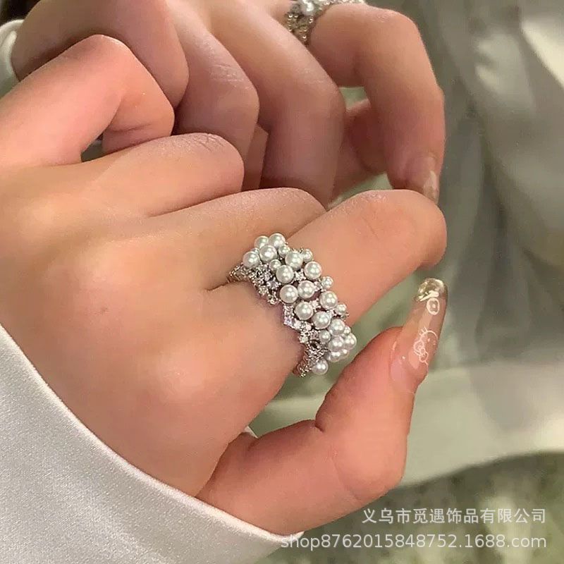 Wholesale Light Luxury Pearl Zircon Open Ring Niche Exquisite  Finger Ring