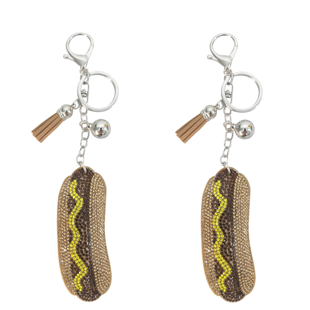 Wholesale 4pcs Creative  Velvet Diamond-encrusted Hot Dog Keychain