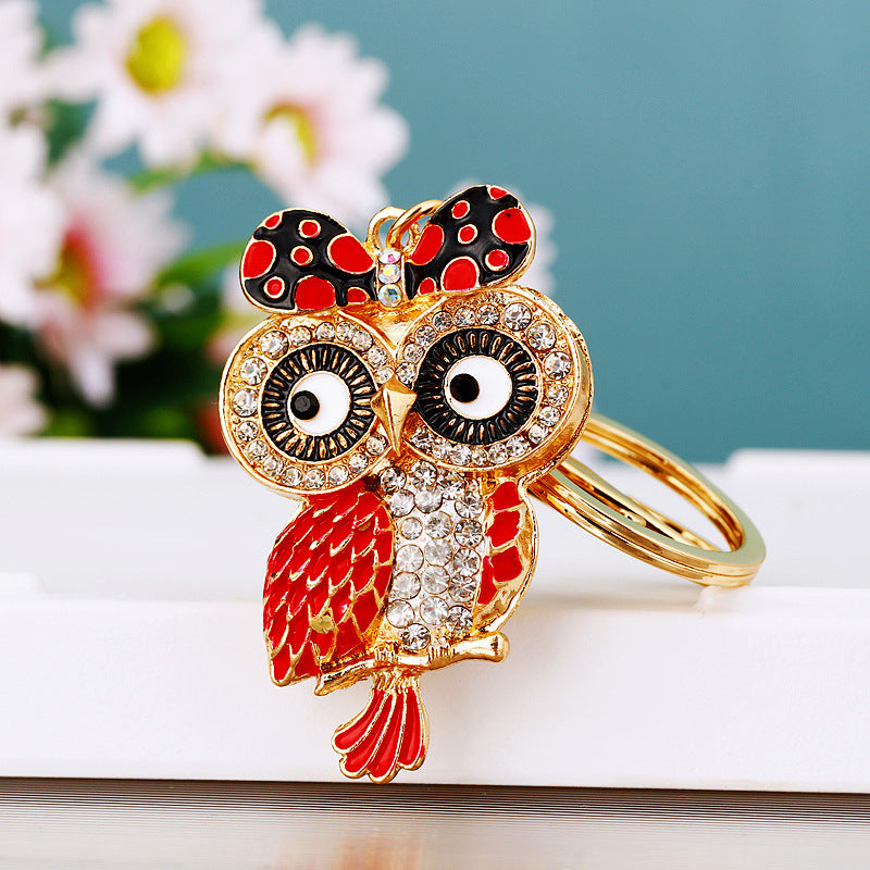 Wholesale Pink Rhinestone Owl Car Keychain Metal Key Ring Bag Charm Fashion Accessory Gift