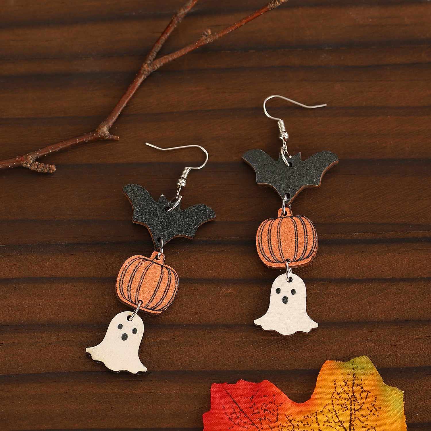 Wholesale Wooden  Earrings Pumpkin Maple Leaf Ghost Cat Hollow Drop Design Electroplated Chic Fashion Jewelry Accessory For Women