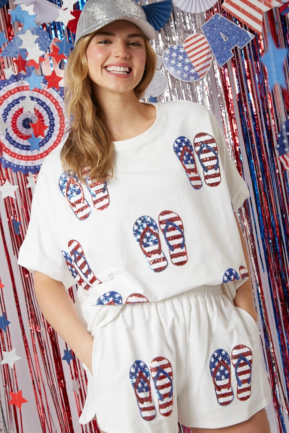 Wholesale Independence Day Top Sequined Pants Suit Short Sleeve Two Piece Set