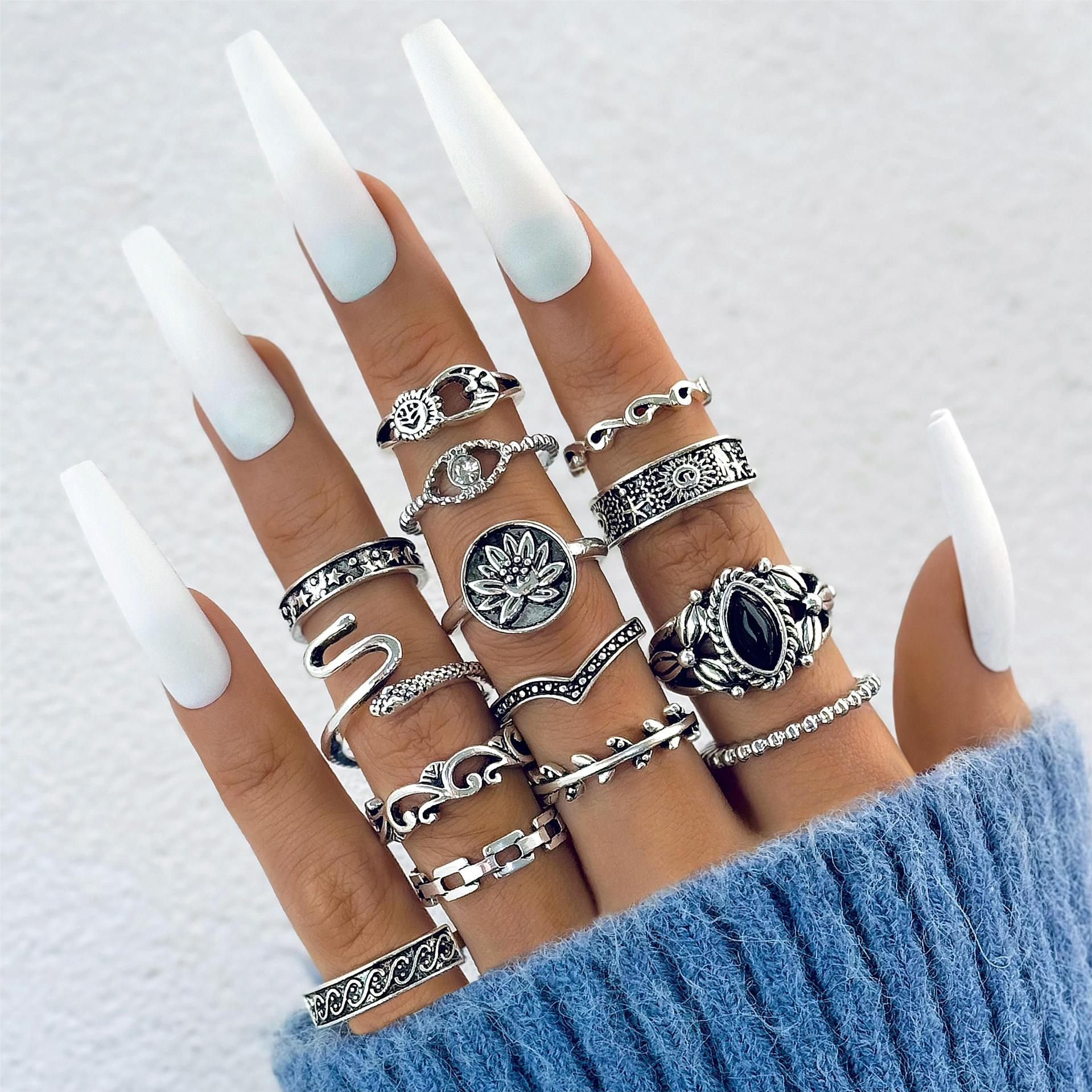 Wholesale Retro Butterfly Flower Moon Ring Punk Snake Stacking Joint Ring Set