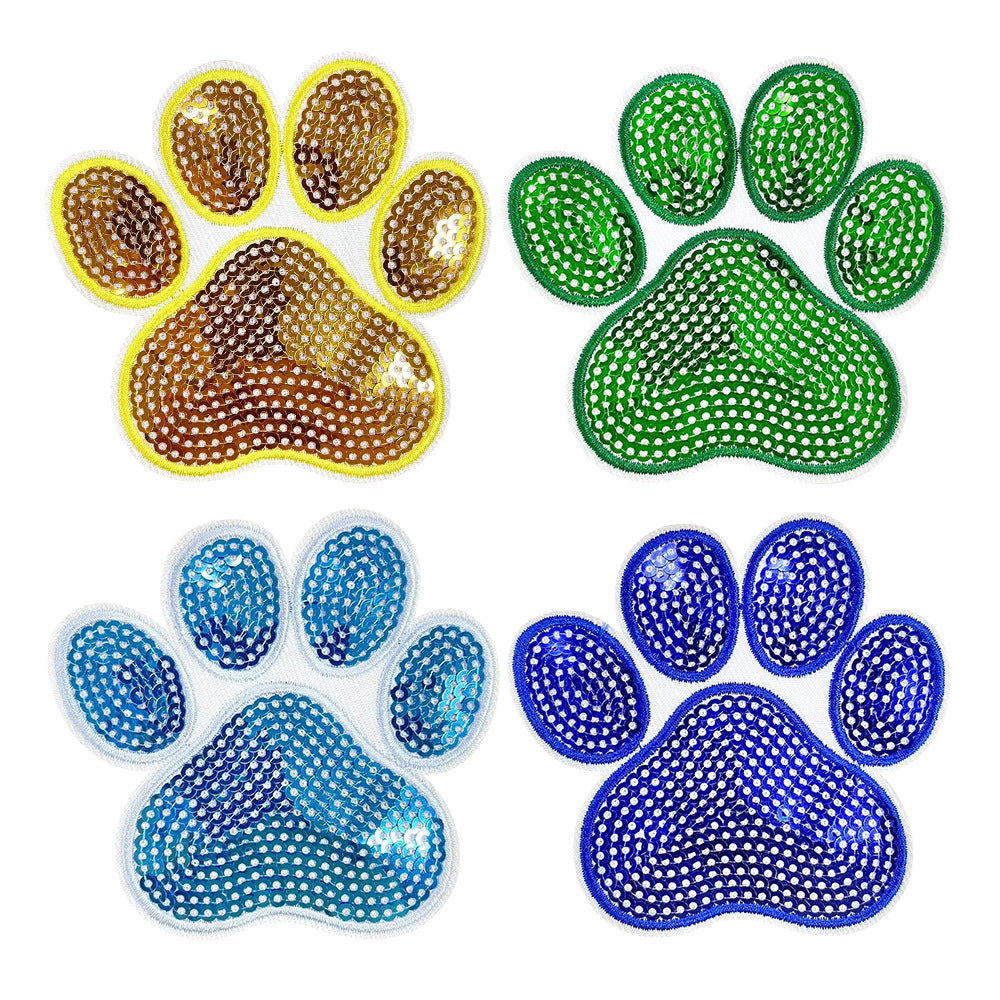 Wholesale Stylish Sequined Paw Print Iron On Patches Set Of 4 Colorful Animal Footprint Embroidery Appliques For DIY Fashion Pet Bags Cheerleading Costumes