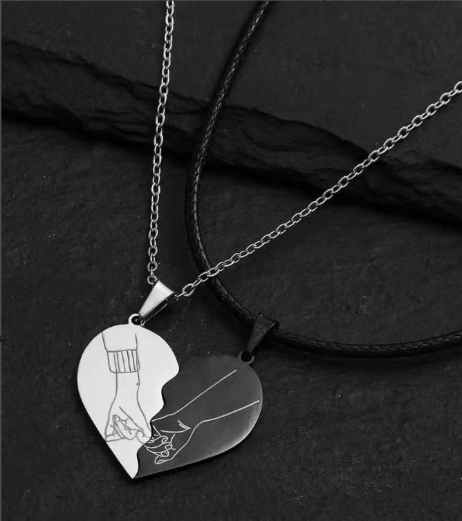Wholesale A variety of stainless steel black and white cat pendant lovers necklace creative hug shape stitching Valentine's Day