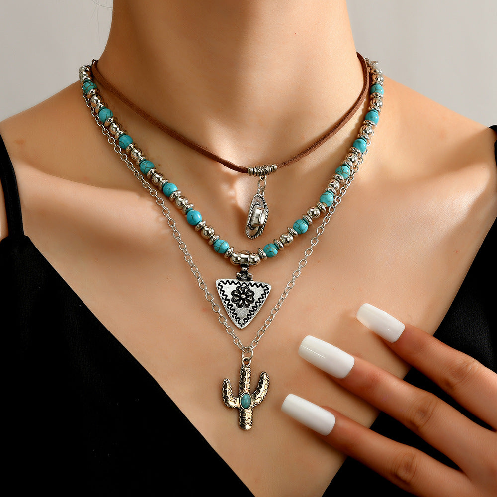 Wholesale Necklace Western Style Cactus Cattle Head Hat Turquoise Flannel Neck Chain